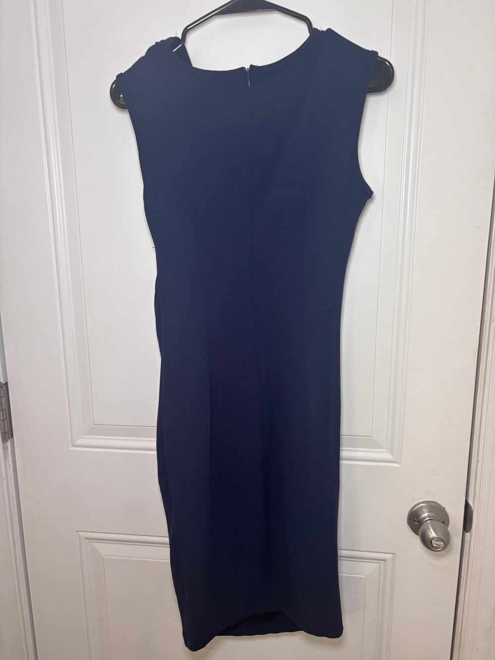 LuLu’s Navy Blue Ruched Draped V Neck Sleeveless Midi Dress